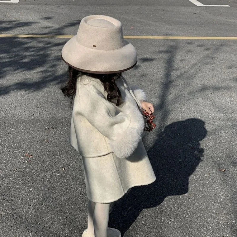 Elegant children clothing girl woolen jacket autumn and winter style girl western-style vest skirt fur edge woolen coat trend 250113