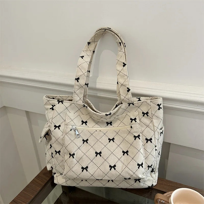 Large Capacity Corduroy Casual Tote Bags For Ladies Casual Bow Pattern Commuting Handbags Womens For Shopping 250122