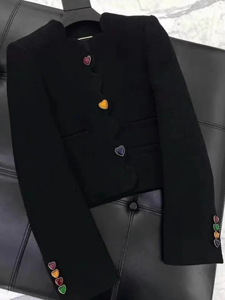 JAMERARY Autumn Winter Runway Wool Blends Tweed Jacket Womens Coat Colorful Love Buttons Single Breasted Top Short Outwear 250122