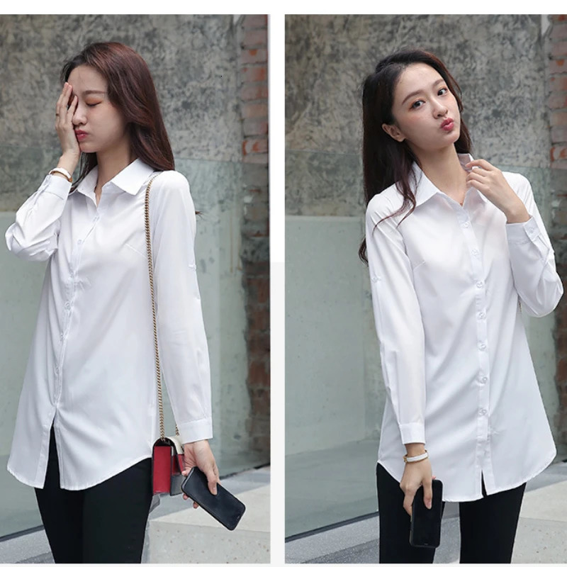 Mid Length Women Shirt Korean Fashion Womens Tops BF Sexy Shirt Long Sleeve Blouse Women Autumn Female Clothes White Shirt Women 250121