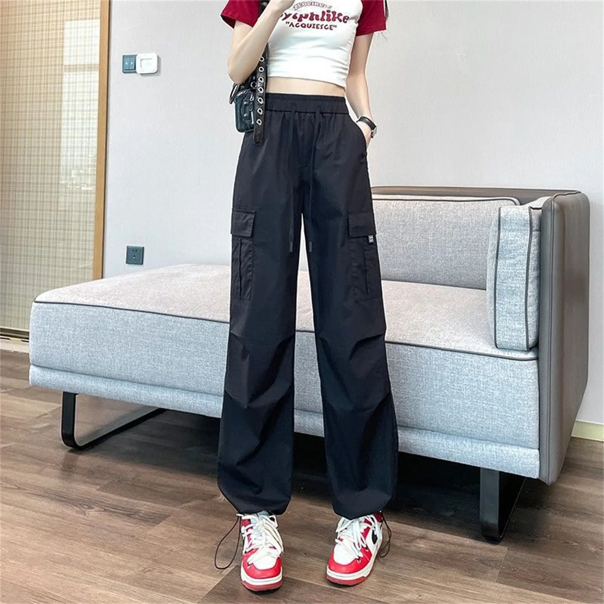 Green Women Tech Pants Drawstring Black Low Waist Wide Leg Trousers Oversized Sweatpant Baggy Joggers Streetwear Cargo Pant 250117
