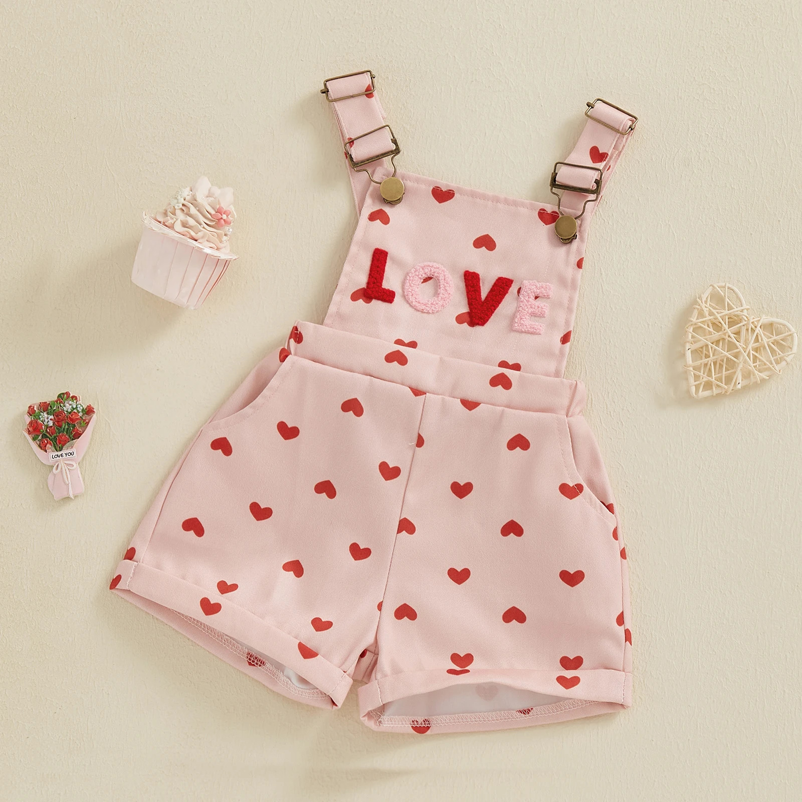 BeQeuewll Sweet Kids Girls Suspender Jumpsuit Romper Princess Heart Print Letter Embroidery Toddler Overalls Shorts Playsuits 250117