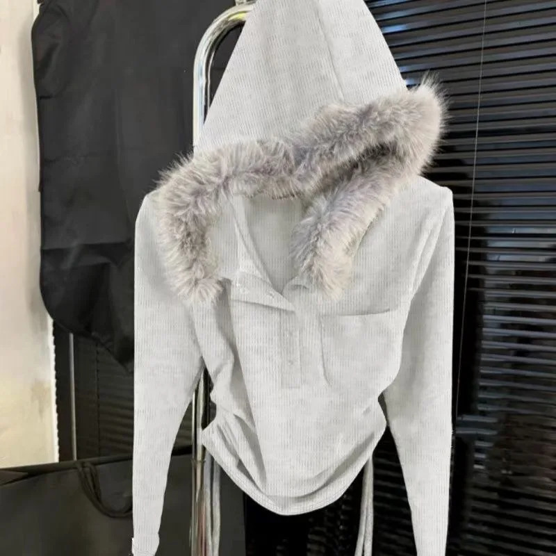Korean Simple Solid Color Fur Collar Hoodies Women Fashion Retro Street Girl Slim Fit Harajuku Casual Hoodie 250116