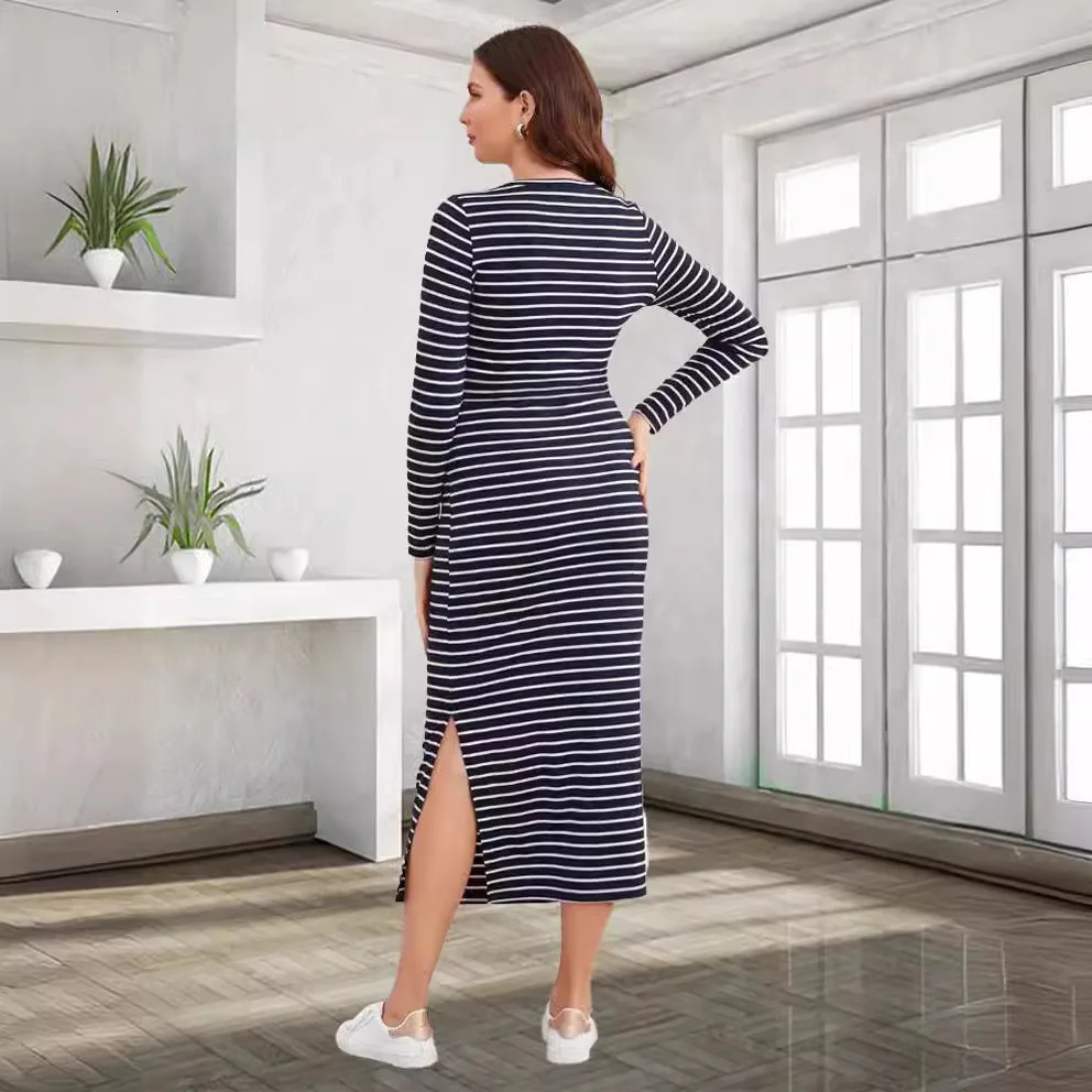 Womens Summer Long-sleeved Breathable Stripe Round-neck Pregnant Womens Dress For Comfortable Maternity Wear Maxi Skirt 250116