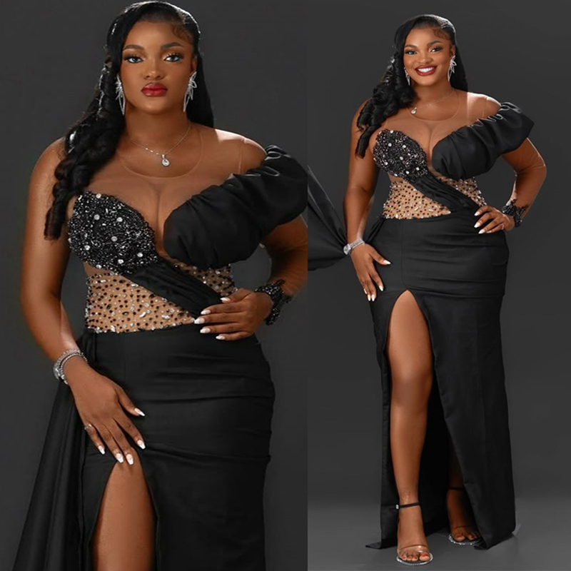 2025 Plus Size Black Aso Ebi Prom Dresses Mermaid Evening Gowns For Black Women Illusion Sheer Neck Beaded Side Split Birthday Dress Second Reception 