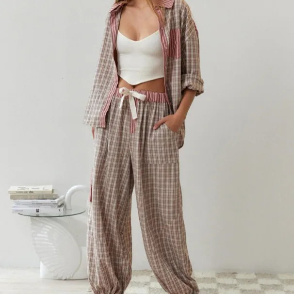 Spring and autumn flat top twopiece set 2024 womens casual long sleeved pocket shirt fashionable loose pants 250122