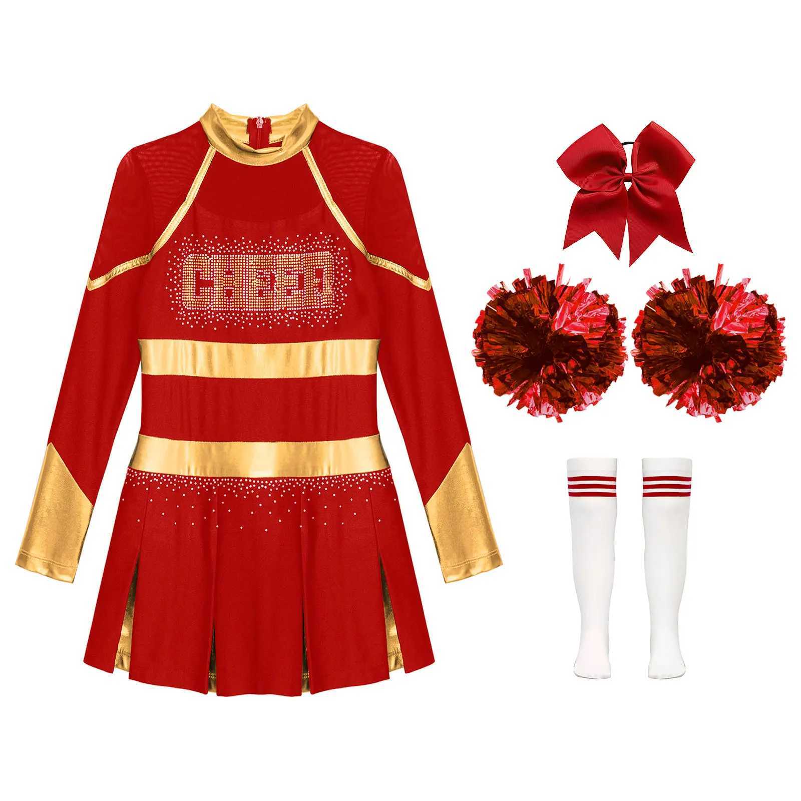 Kids Girls Cheerleading Costume Cheerleader Uniform Metallic Long Sleeve Dress Hand Flowers Socks Schoolgirls Team Dance OutfitsW250121