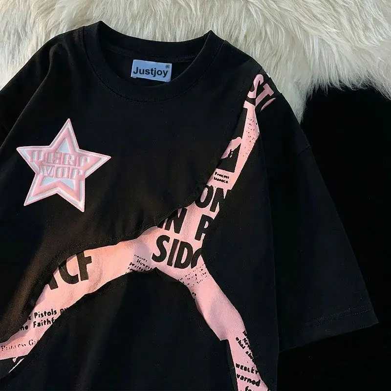 Y2k American retro hip-hop mens and womens trend and personalized splicing work round neck short sleeved casual T-shirt W250117