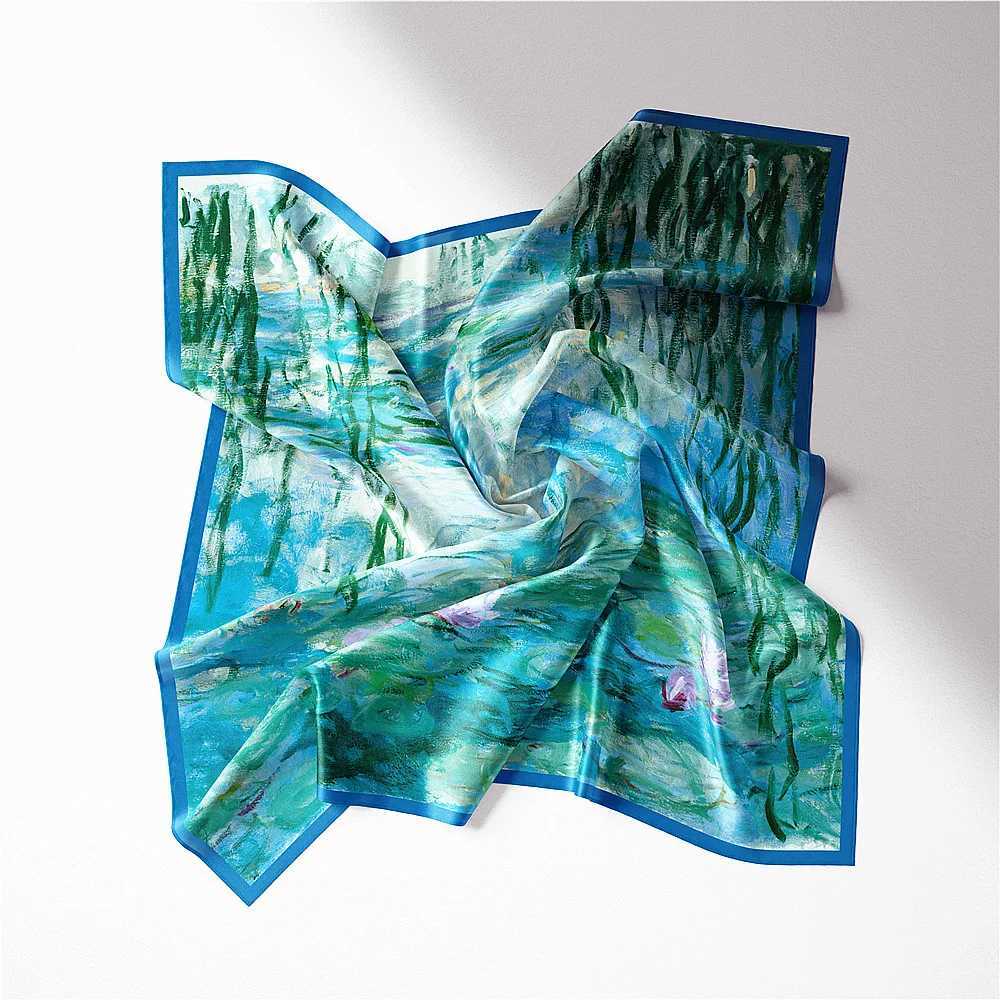 Monet Oil Painting Twill % Silk Scarf Fashion Bandana Women Scarf Wrs 53cm Square Scarves Hijab Head Scarf Neckerchief W250118
