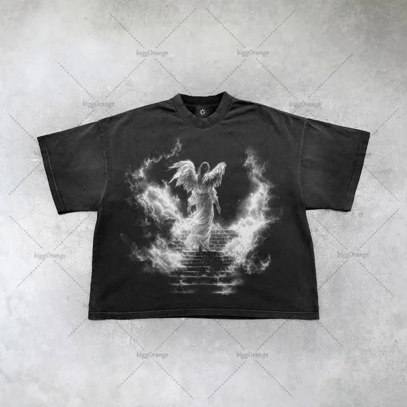 Gothic Punk Harajuku Retro Graphic Top Y2K Streetwear Anime Print Oversized TShirt Men Fashion Cotton Casual Short Sleeve 250122