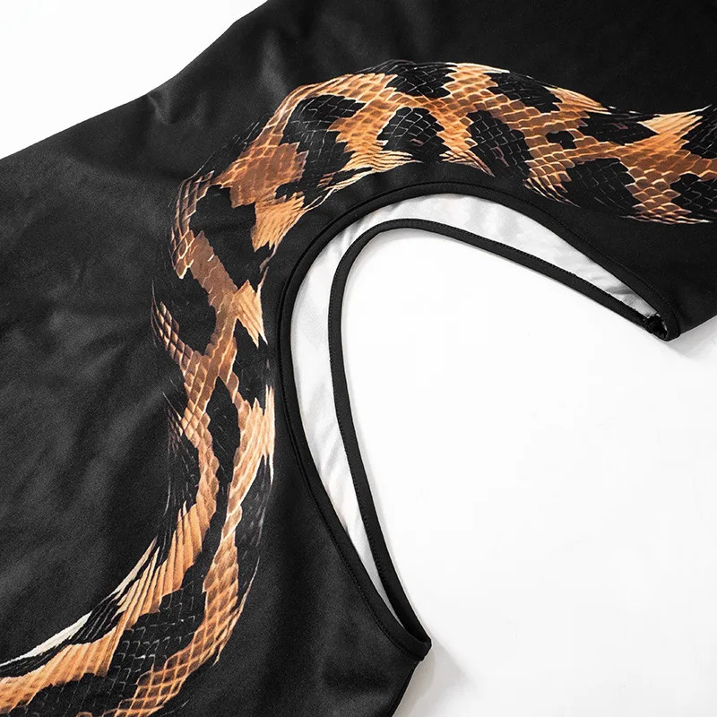 Black Cut Out Beach Dress Women Fashion Snake Print Slim Club Party Dresses Summer Sexy Split Sleeveless Long Dress 2024 250107