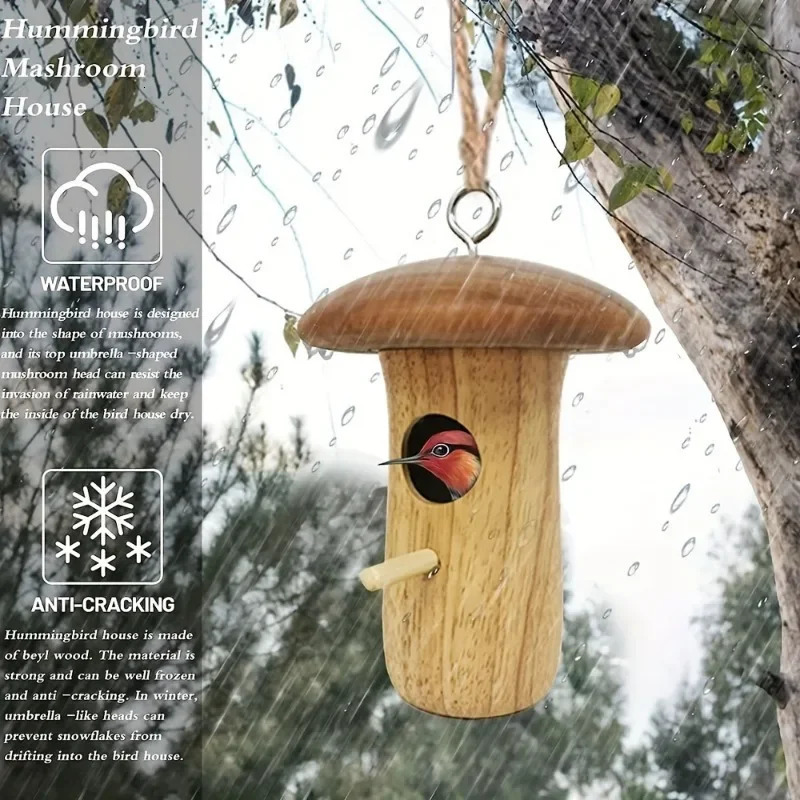 1Pc Outdoor Hummingbird House Natural Wooden Hanging Hummingbird Nest Wild Bird House Hummingbird Feeder Outdoor Garden Yard 250121