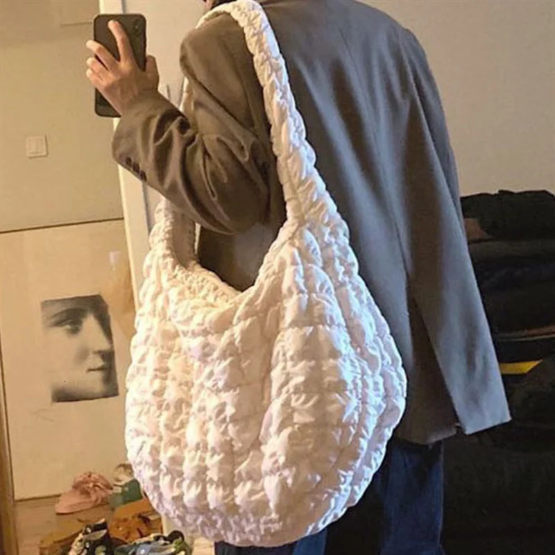 Women Bag Pleated Handbag Large Capacity Down Bag Big Shoulder Female Solid Color Space Cotton Padded Dumpling Shopping Bag 250113
