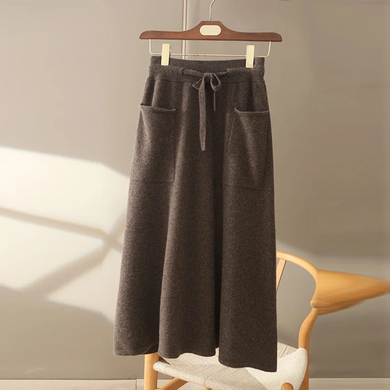 Autumn And Winter100 Pure Wool Skirt Womens Long Pocket Small A High Waist Slim Cashmere Knit ALine 250121