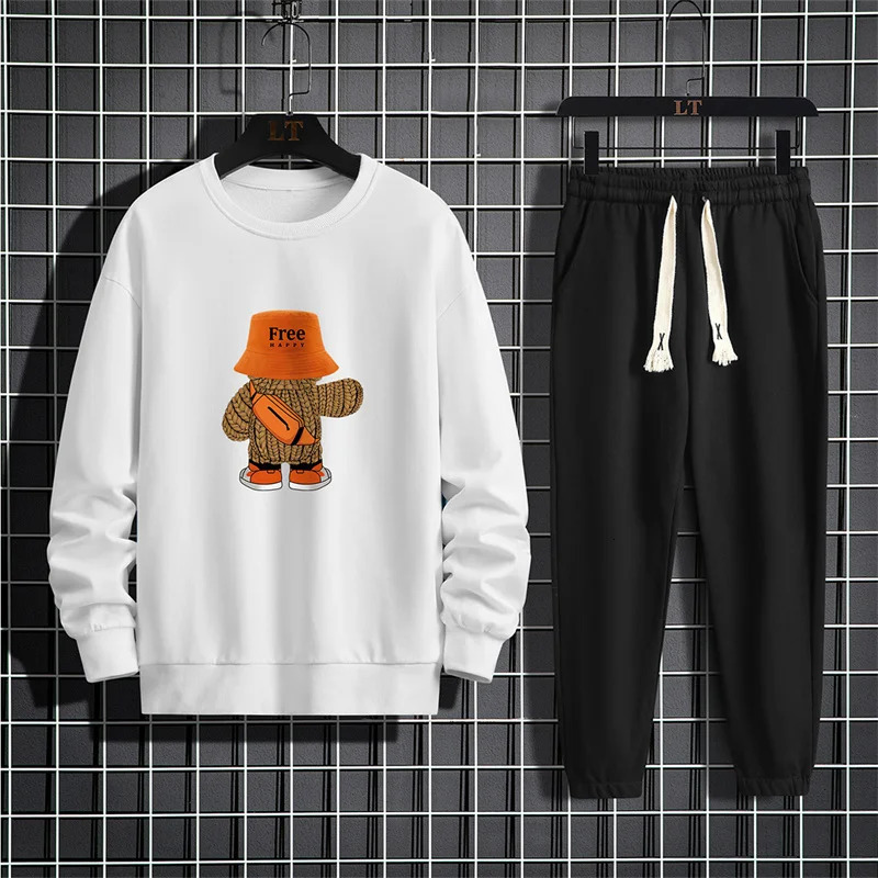 Spring and Autumn mens suit cartoon print round neck long sleeved loose sports shirt with casual sports pants two-piece set 250117