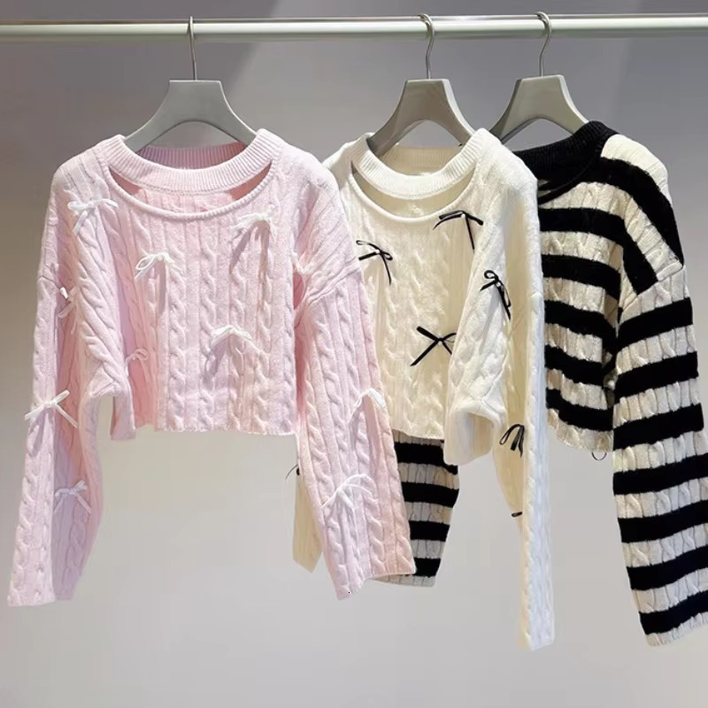 Long Sleeve Loose Women Knitted Tops Autumn 2024 Female Sweet Hollow Out Pullovers Bow All-Match Sweater