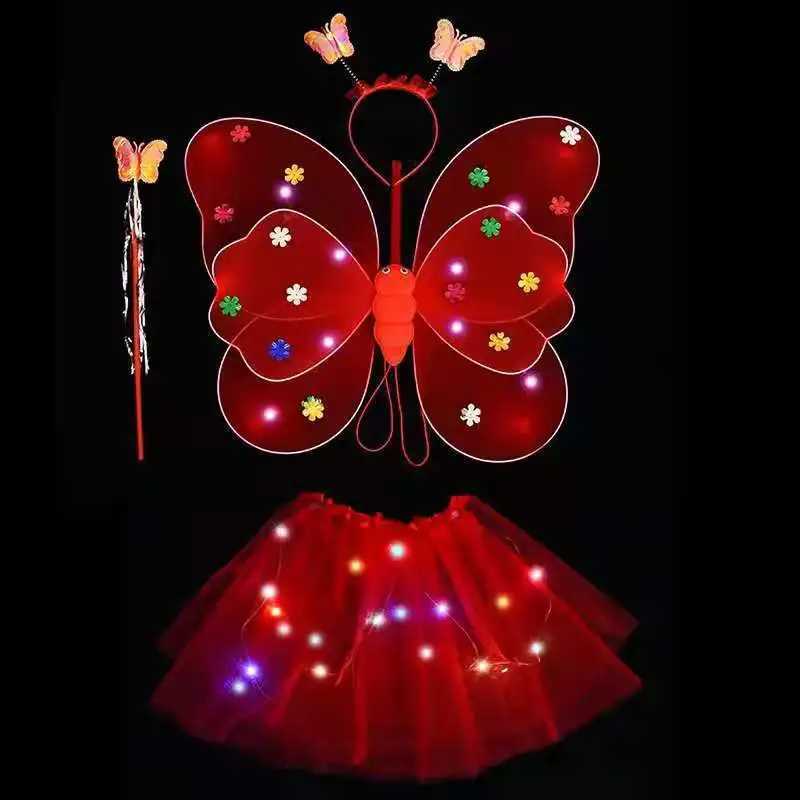 1set Glowing Kids Butterflies Fairy Wing Costume Set Stage Wear Girls Butterfly Wings Wand Headband Childrens Day Gift W250117