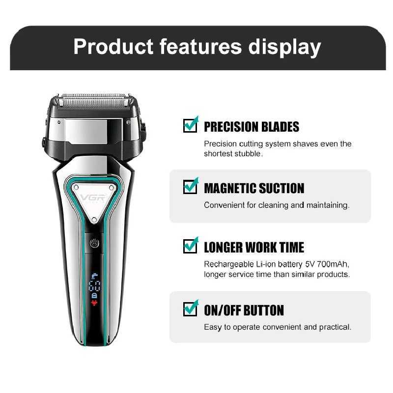 VGR 3D Mens Washable Wet Dry Electric Shaver Rechargeable Face Electric Razor bald Washable Beard Shaving Mane LCD DisplayW250117