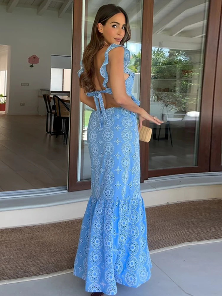 Summer Hollow Out Embroidery Maxi Dress For Women Sexy Sleeveless Backless Ruffle Long Beach Dress 2024 Holiday Lady Party Robe 250121