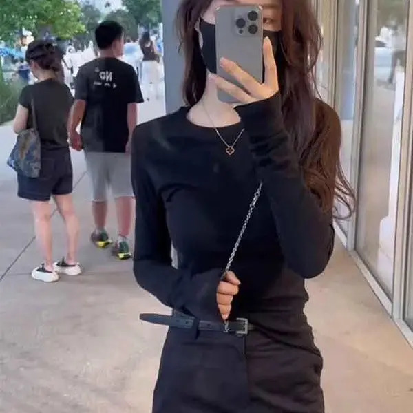 Round Neck Solid Long-sleeved T-shirt Early Autumn Tight-fitting Slim Tops Bottoming Shirts Women Style 250109