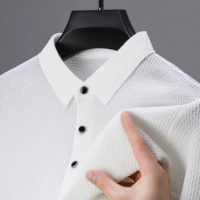 Mens Checkered Short Sleeved Solid Color POLO Shirt Breathable and Comfortable Elastic Top 250122