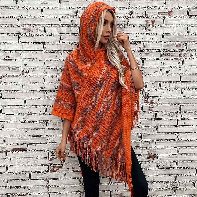 Women Knitted Hooded Cape Shawl Print Striped Tassel Spliced Ponchos Pullover Elegant Loose Cloak Ladies Autumn Winter 250121