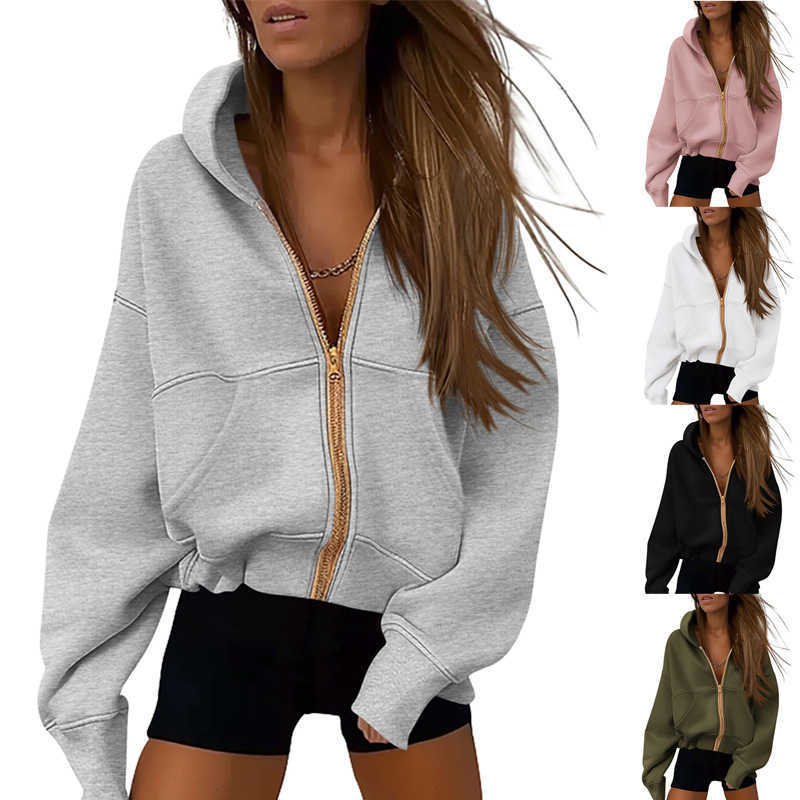 Womens Zipper Hooded Sweatshirt Autumn Long Sleeved Loose Pocket Fashionable Jacket For Womens Jacket 241209