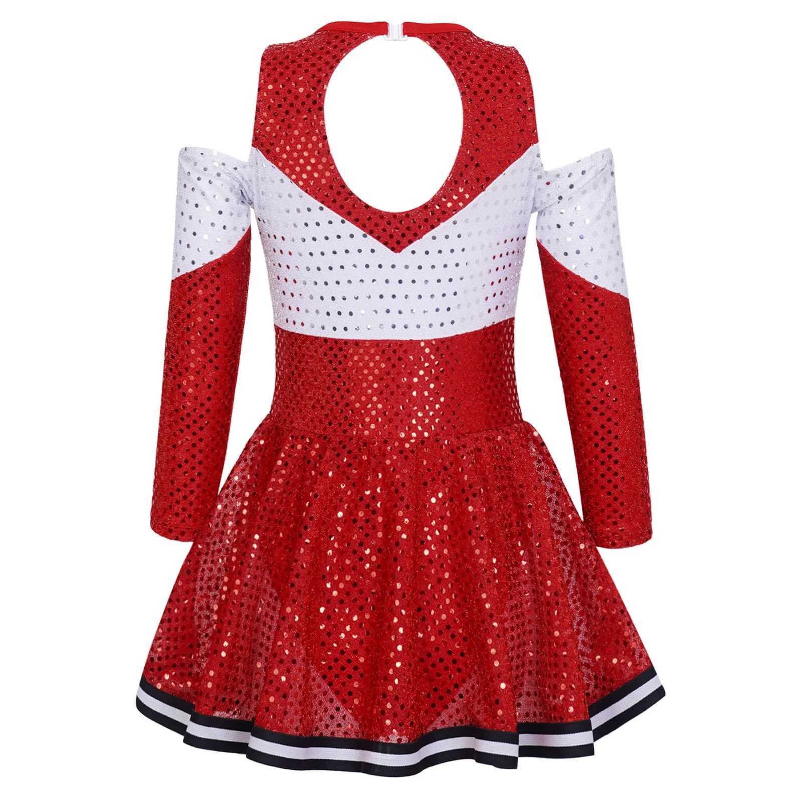 Kids Girls Cheerleading Uniform Long Sleeve Round Neckline Sequin Dress with Pair Tassel Flower Balls Set Cheer Dance CostumeW250121