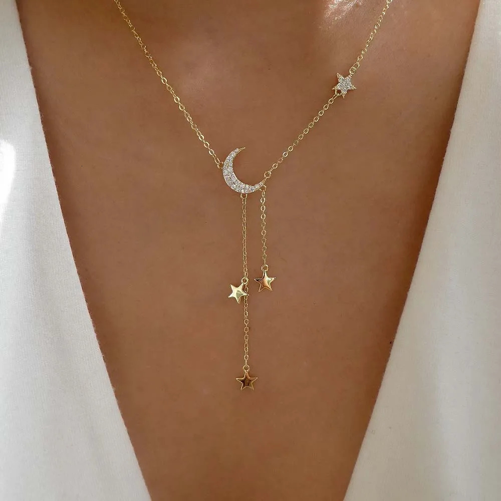 DPLAOPA 925 Sterling Silver Moon Drop Chain Star Moon Pendant Long Chain Fine Jewelry Crystal Jewels 250117