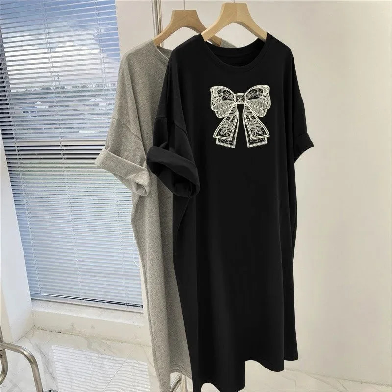 Womens summer thin cotton milk silk dress with lazy print bow medium length loose fit suitable for weight loss dress black 250110