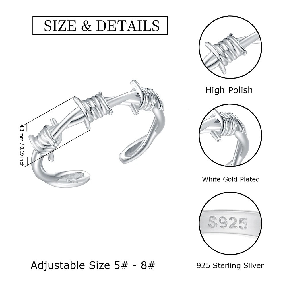 925-Sterling-Silver Open Adjustable Barbed Crown of Twist Thorns Wire Ring for Women MenTree Branch Thorn Jewelry for Teen Girl 250117