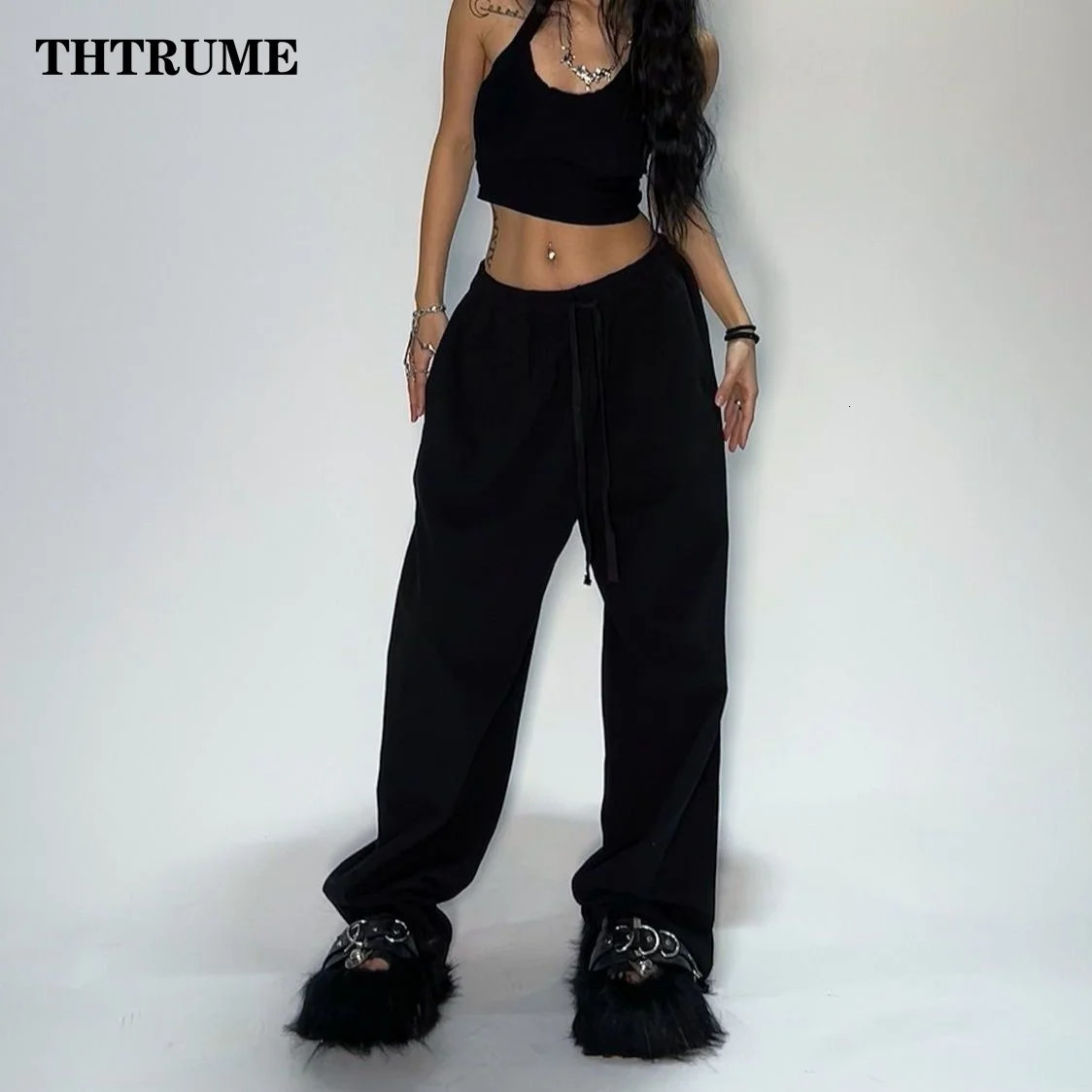 Casual Women Solid Pant Fashion Summer Oversized Vintage Pocket Drawstring Wide Leg Pants Elegant Loose Baggy Chic Trousers 250122