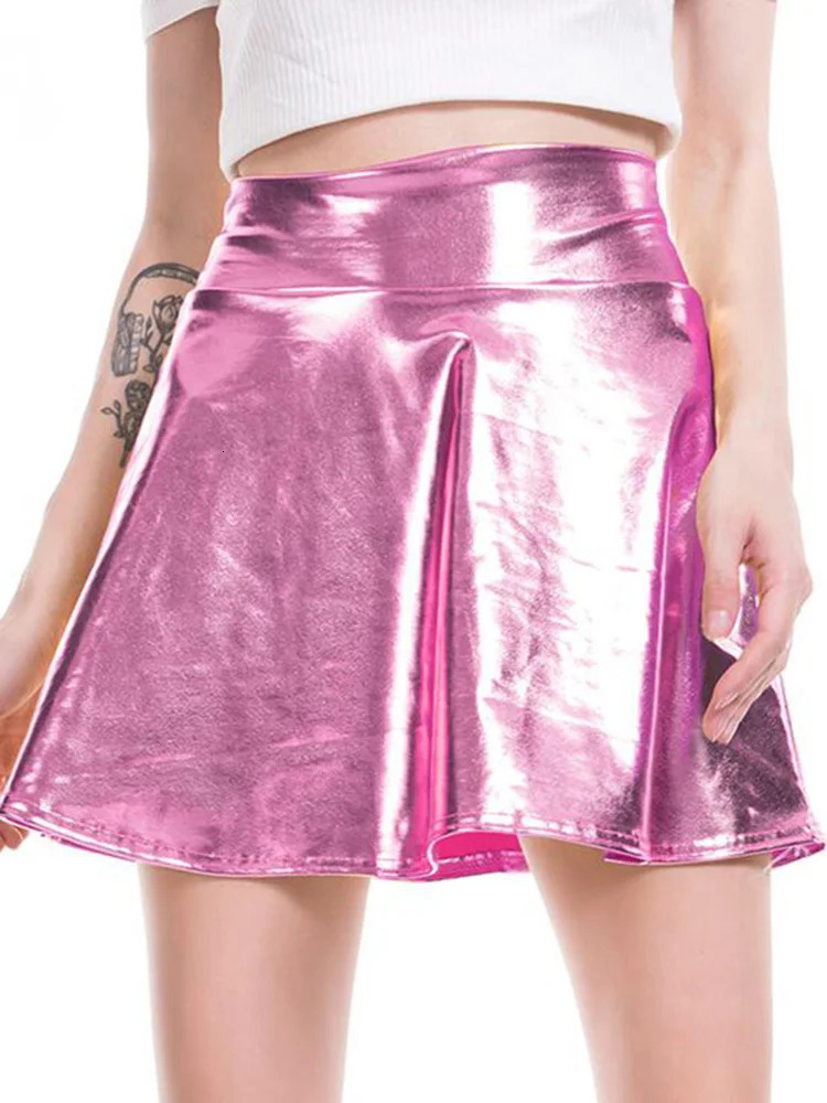 CUHAKCI Short Sexy High Waist Pleated Skirt Solid Casual Silver Gold Mini Laser Women Party Club 250121