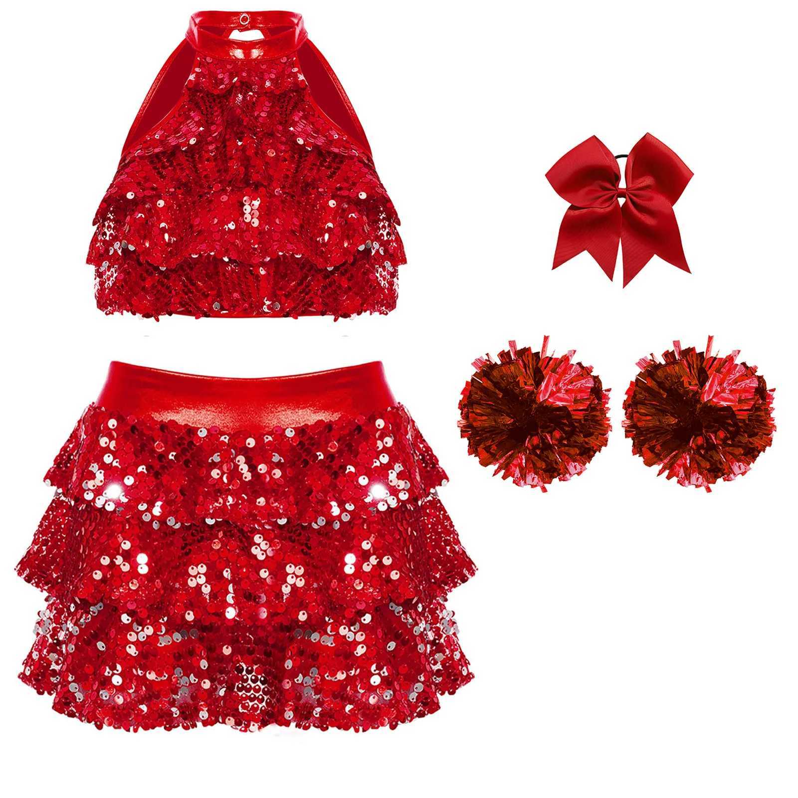 Kids Girls Jazz Dance Outfits Cheerleading Costume Childrens Dancewear Set Shiny Sequins Tiered Crop Top with Ruffled CulottesW250121
