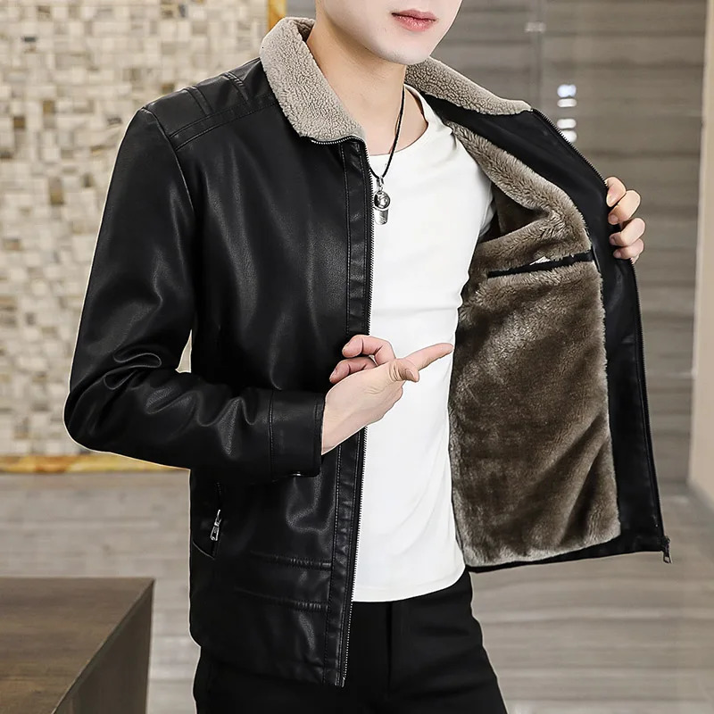 Fur Collar PU Leather Jacket Men Winter Leather Jacket Solid Color Thick Coat Male Thermal Fleece Casual Stand Collar Clothing 250120