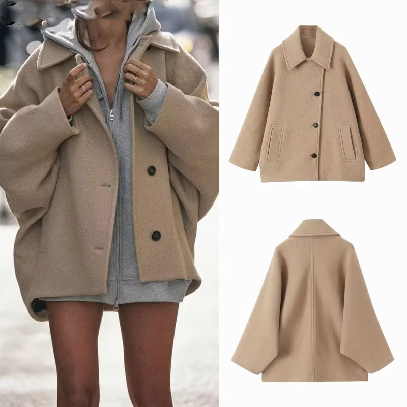 Autumn Winter Woolen Coat Women Fashion Solid Lapel Blend Short Cape Long Sleeve Loose Jacket Single-Breasted Pockets Outwears