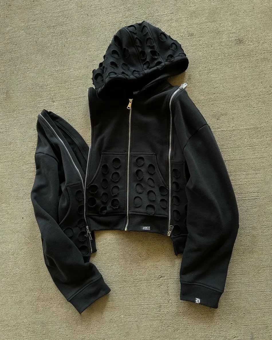 Y2K New Hollow Zipper Hooded Sweatshirt Men Women Clothing Harajuku Gothic Detachable Sleeves Black Sweatshirt Hoodie Hole Tops W250117