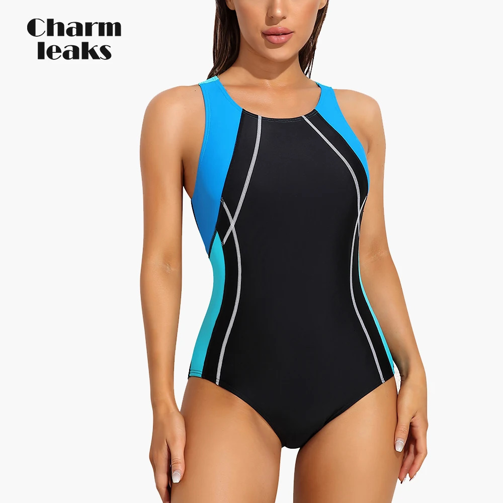 Charmleaks Women Sports OnePiece Swimsuits Racerback Patchwork High Elastic Trainning Bathing Suit 250120