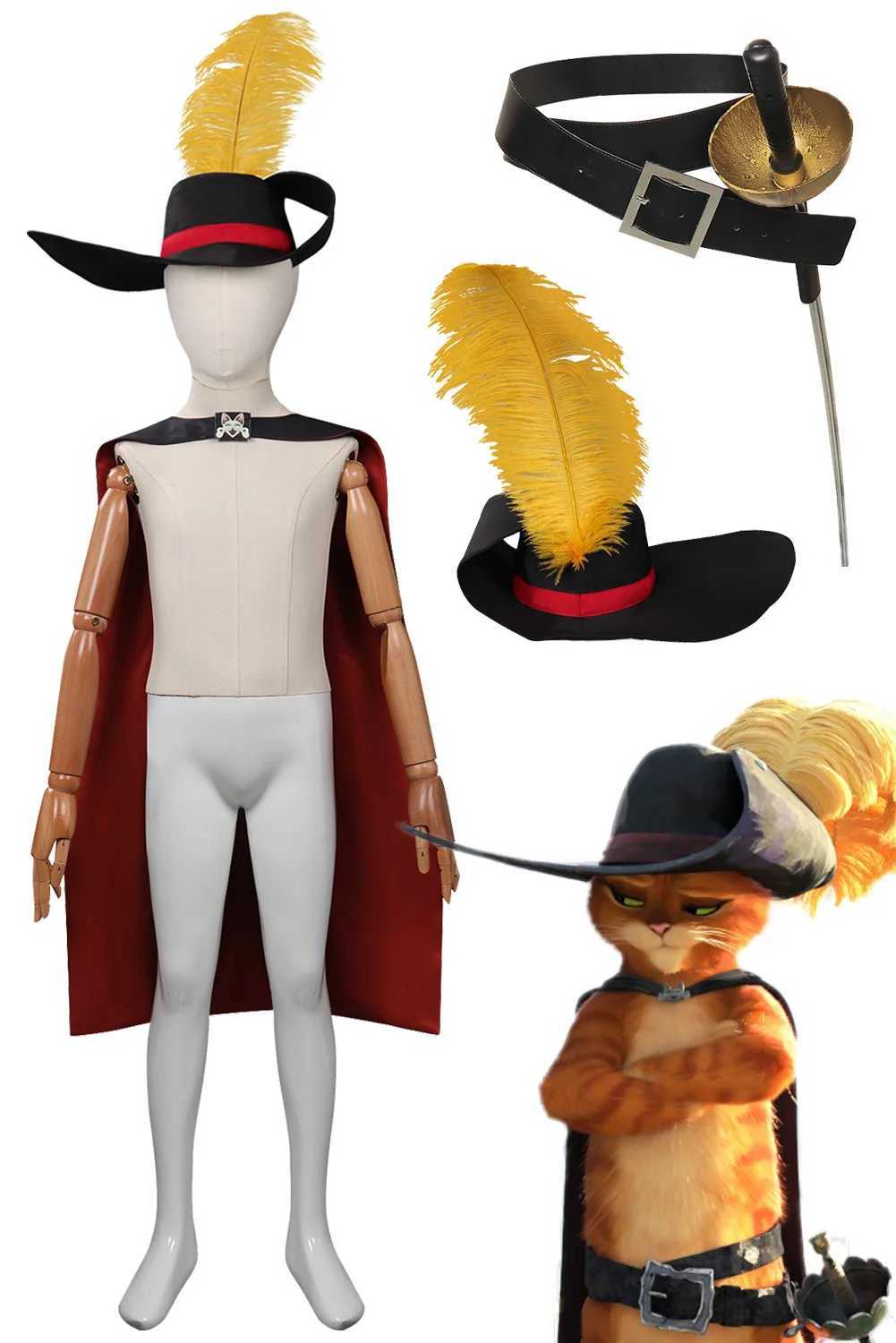 Disguise Cat Swordsman Cosplay Boys Hat Cloak Cartoon Puss Into Boots Roleplay Costume Teen Fancy Dress Up Party Clothes W250117