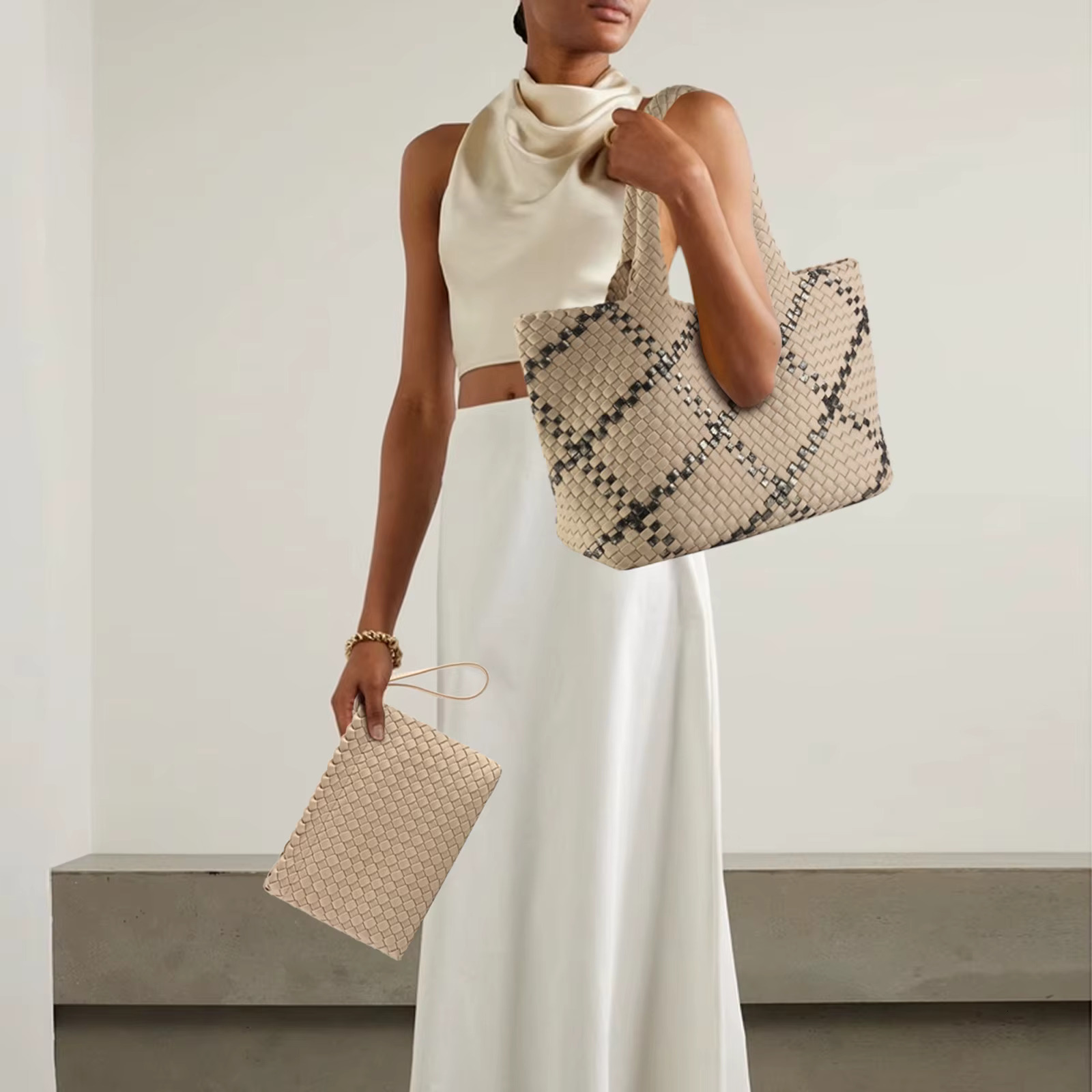 New Leisure Diving Cloth Woven Soft Texture Handmade Large Capacity Women's Handbag Shopping Travel Shoulder Bag Exquis