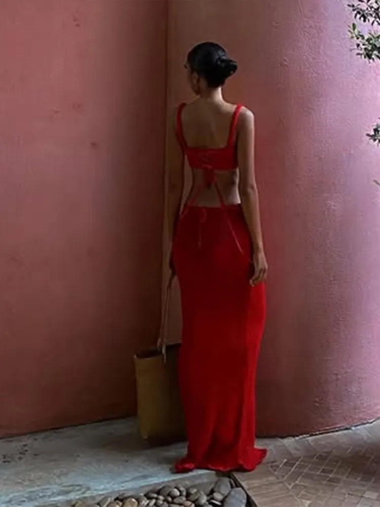 Sexy Knitted Sling Top Long Skirt Womans Set Retro Solid Hollow Out Lace Up Tube Tops High Waist Skirts Sets Lady Beach Holiday 250120