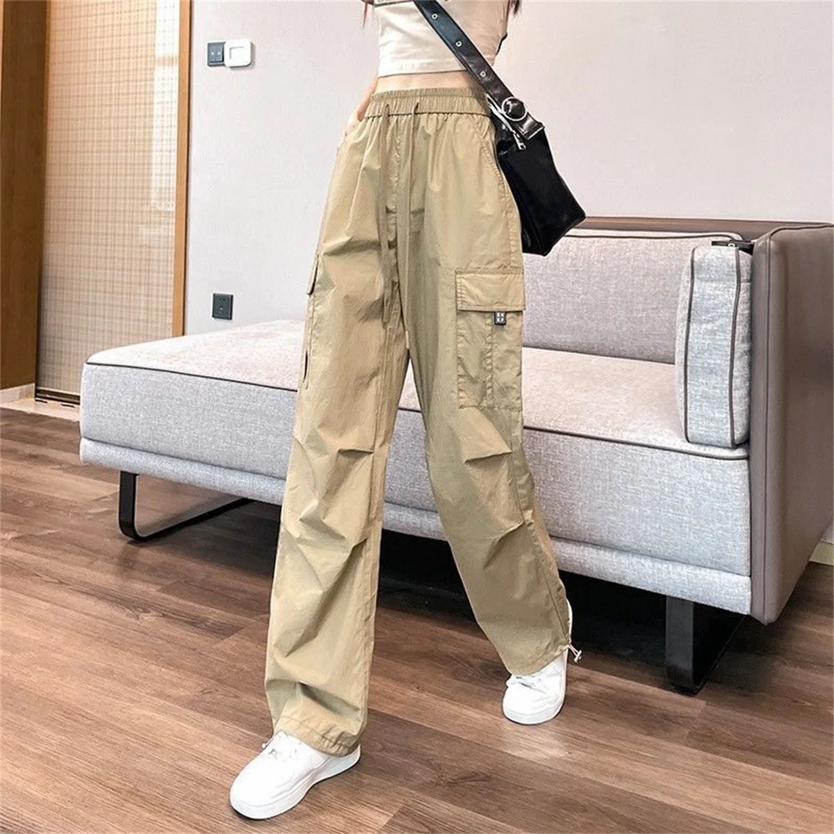 Green Women Tech Pants Drawstring Black Low Waist Wide Leg Trousers Oversized Sweatpant Baggy Joggers Streetwear Cargo Pant 250117