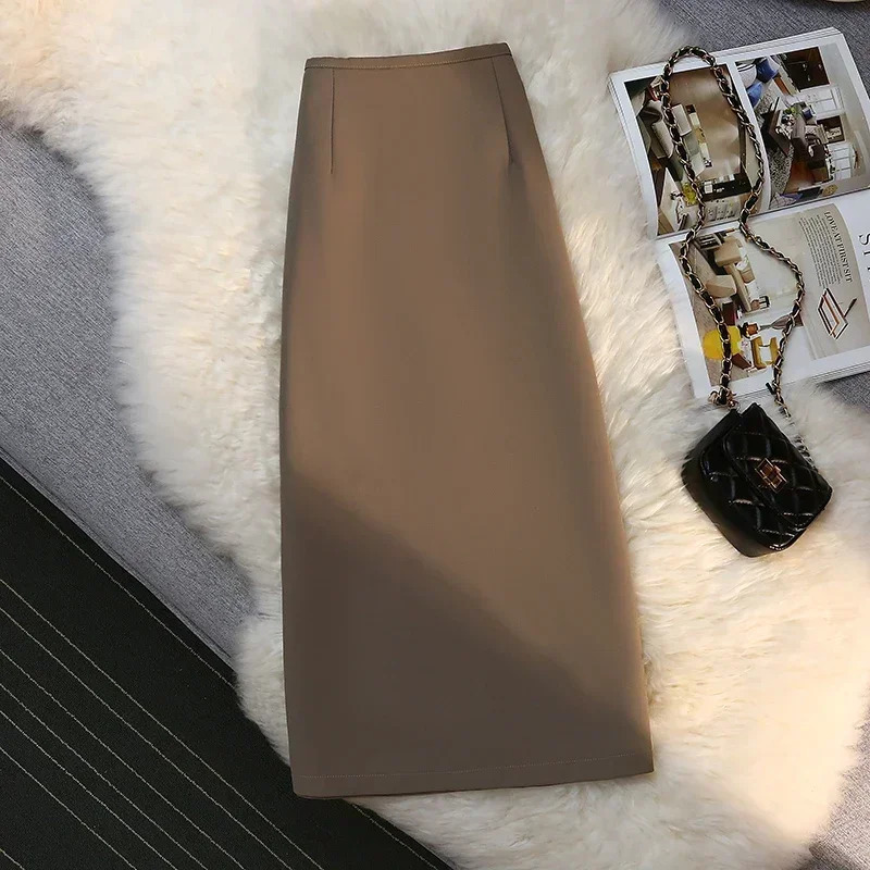 Fashion Elegant Formal Skirts Women Autumn High Waist Drape Suit Long Brown Skirt Zipper Female 250118