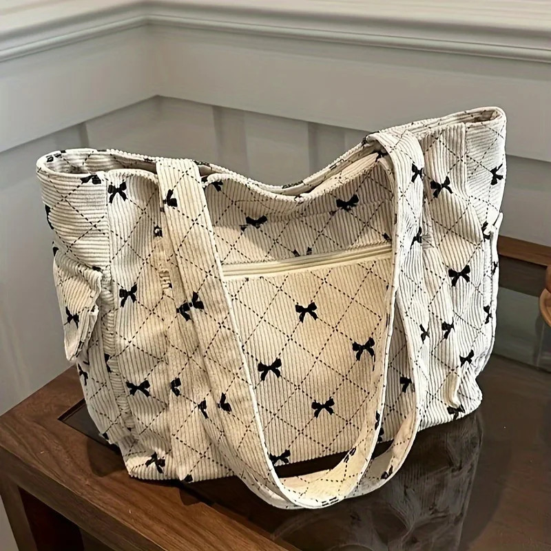 Large Capacity Corduroy Casual Tote Bags For Ladies Casual Bow Pattern Commuting Handbags Womens For Shopping 250122