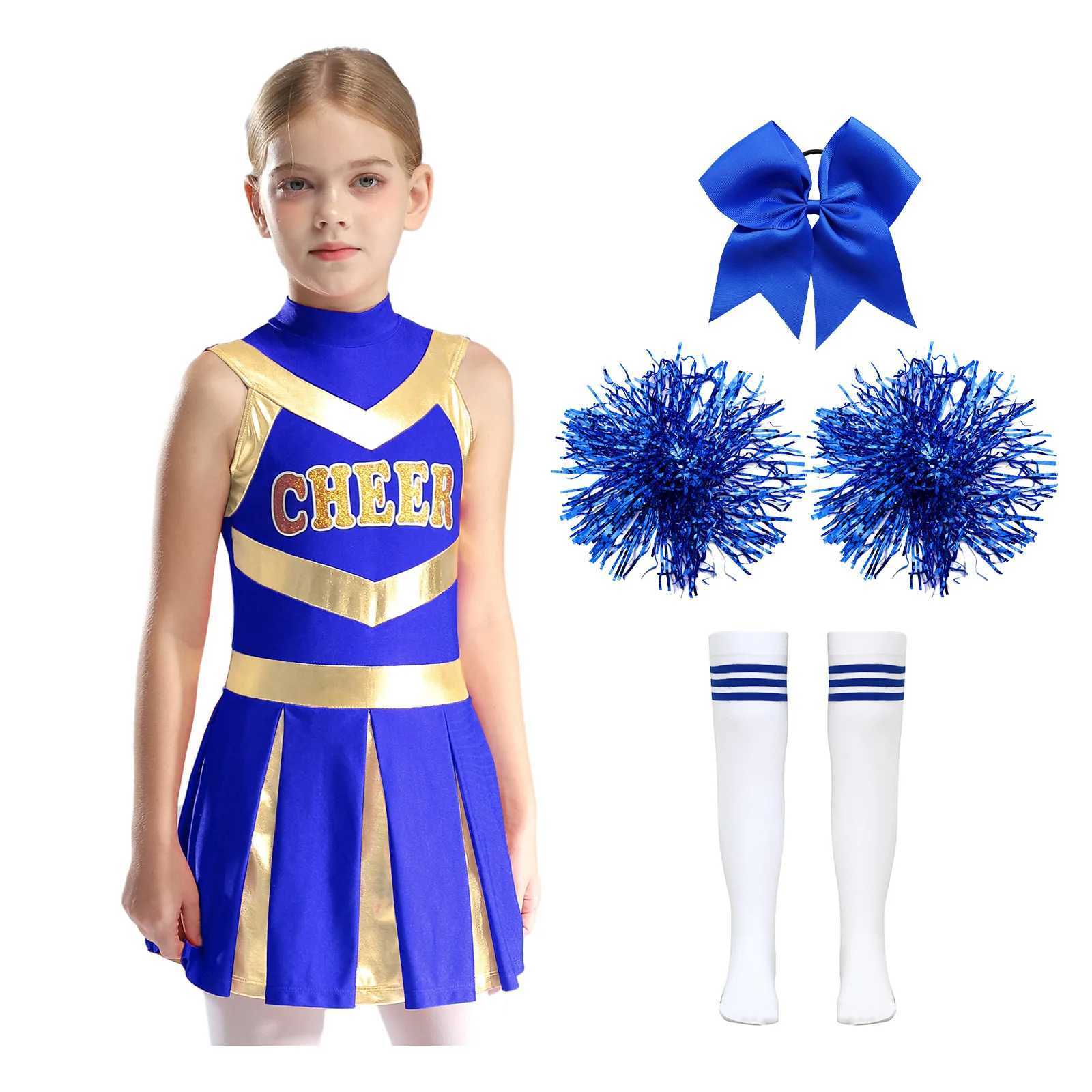 Kids Cheer Dance Outfit Girls Letter Print Pleated Dress Headwear Flower Balls Socks Cheerleader Costume Cheerleading UniformW250121