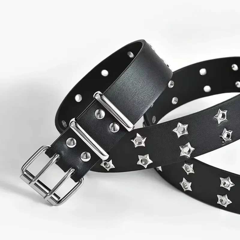 110cm Waist Belt Y2K Punk Rivet Leather Belts Women Men Star PU Black White Waist Strap Double Row Hollow for Jeans Skirt Decor W250120