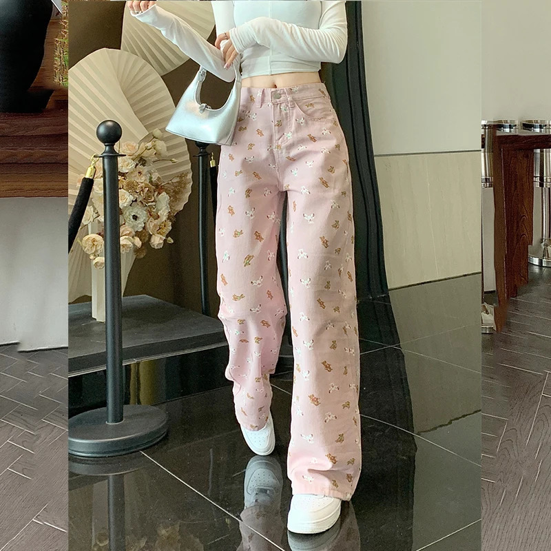 White pants baggy jeans women denim clothing slouchy full length high waisted Summer Printed 250122