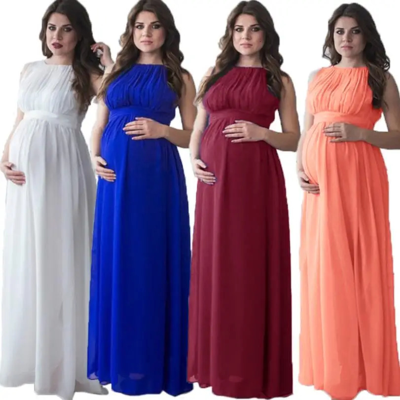 summer maternity dress solid color Sleeveless Fashion round neck belt waist po long maternity chiffon dress 250116