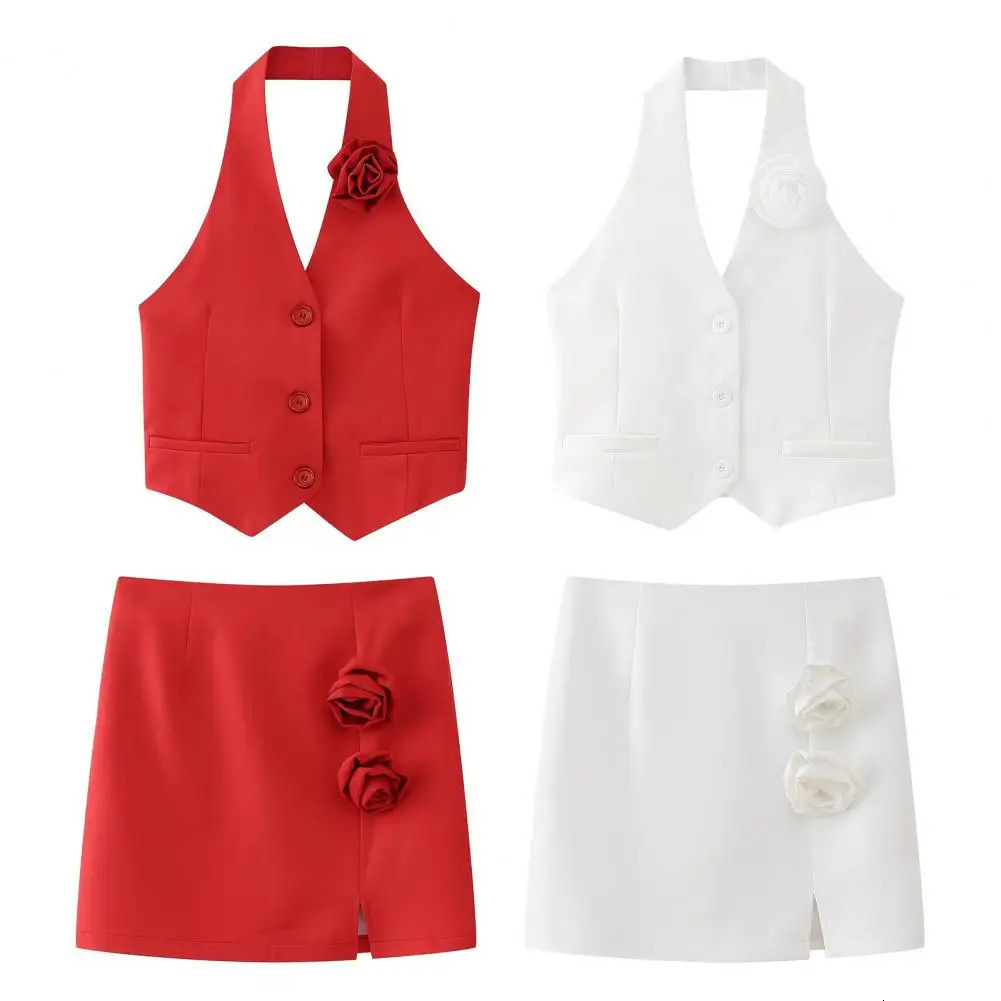 Women Vest Skirt 3D Rose Decor Split Hem Slim Fit Mini Halter Neck Off Shoulder Tops Waistcoat Prom Party Clothes 250122