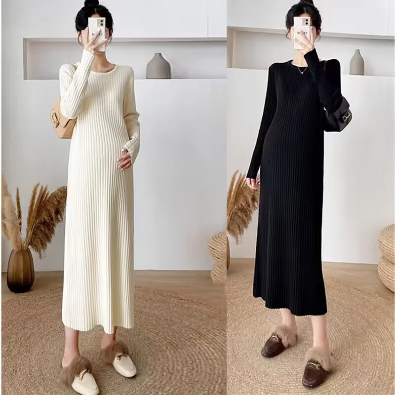 Autumn Winter Korean Fashion Knitted Maternity Sweaters Dress Elegant A Line Slim Clothes for Pregnant Women Pregnancy 250116